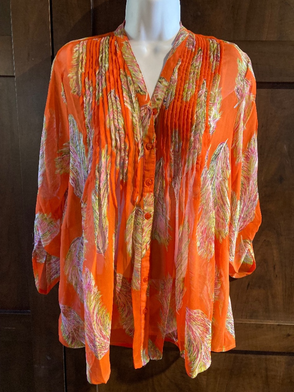 Sheer Orange Pleated-Front Blouse, Size M